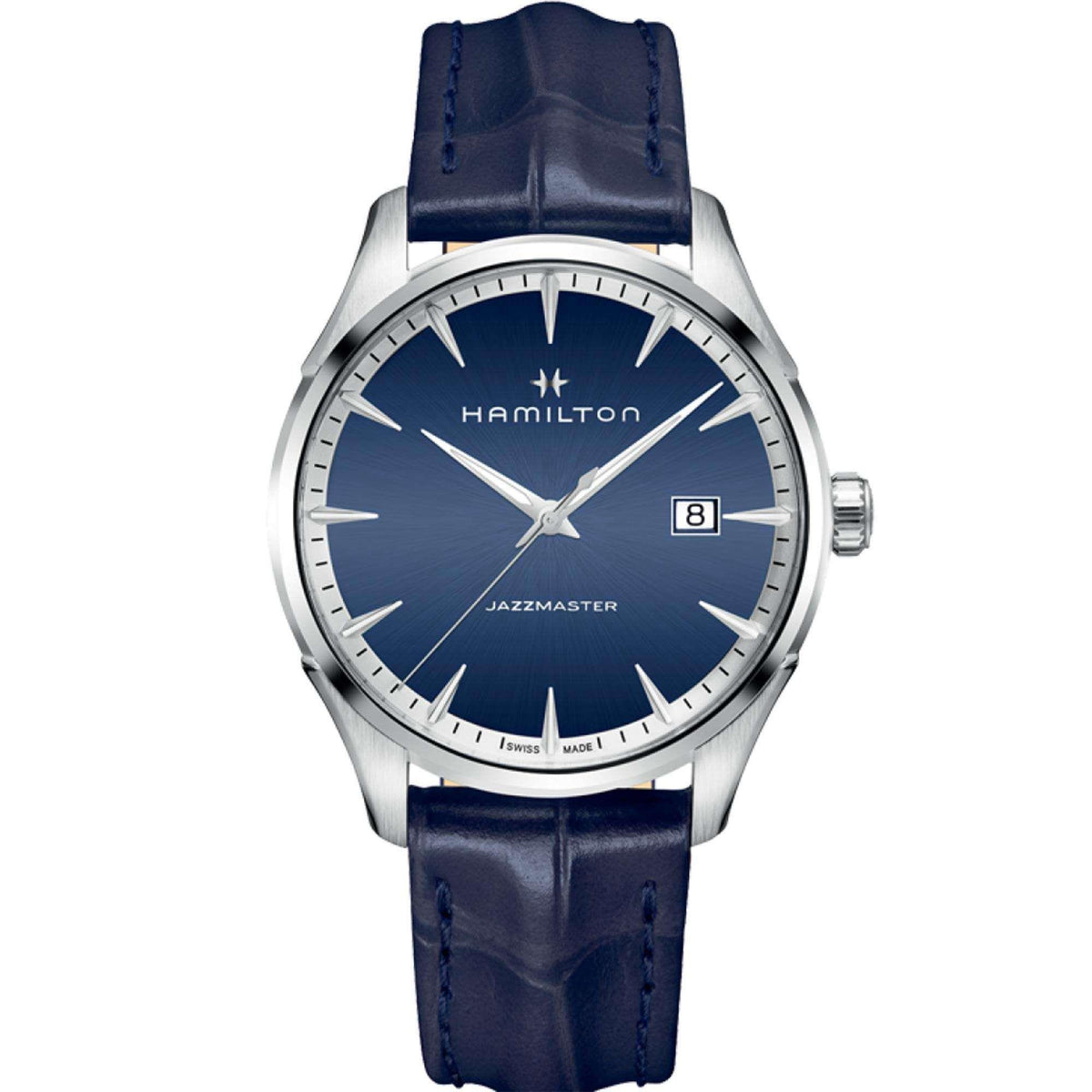 Men's blue dial quartz wristwatch with dark blue leather strap and silver case