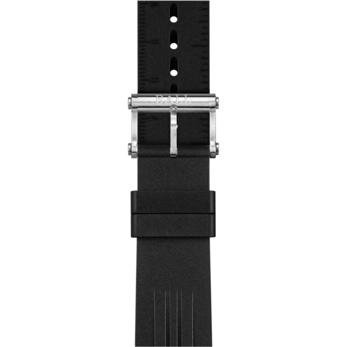 Men’s watch with black rubber strap and silver metal case, side crowns visible