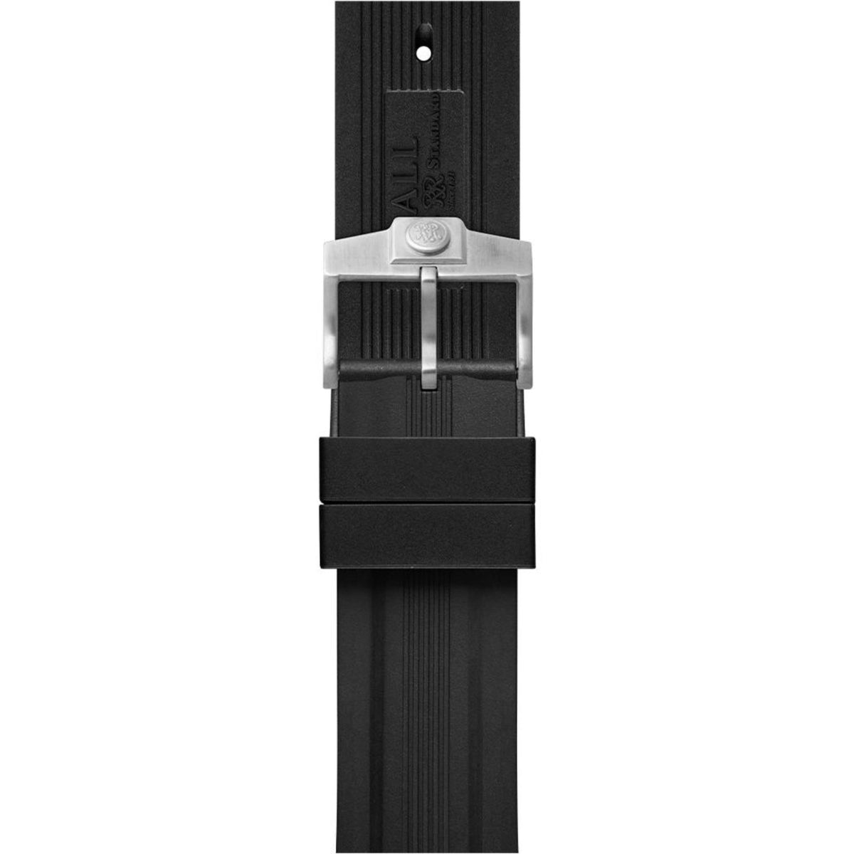 Black rubber strap with silver pin buckle and ridged keeper band