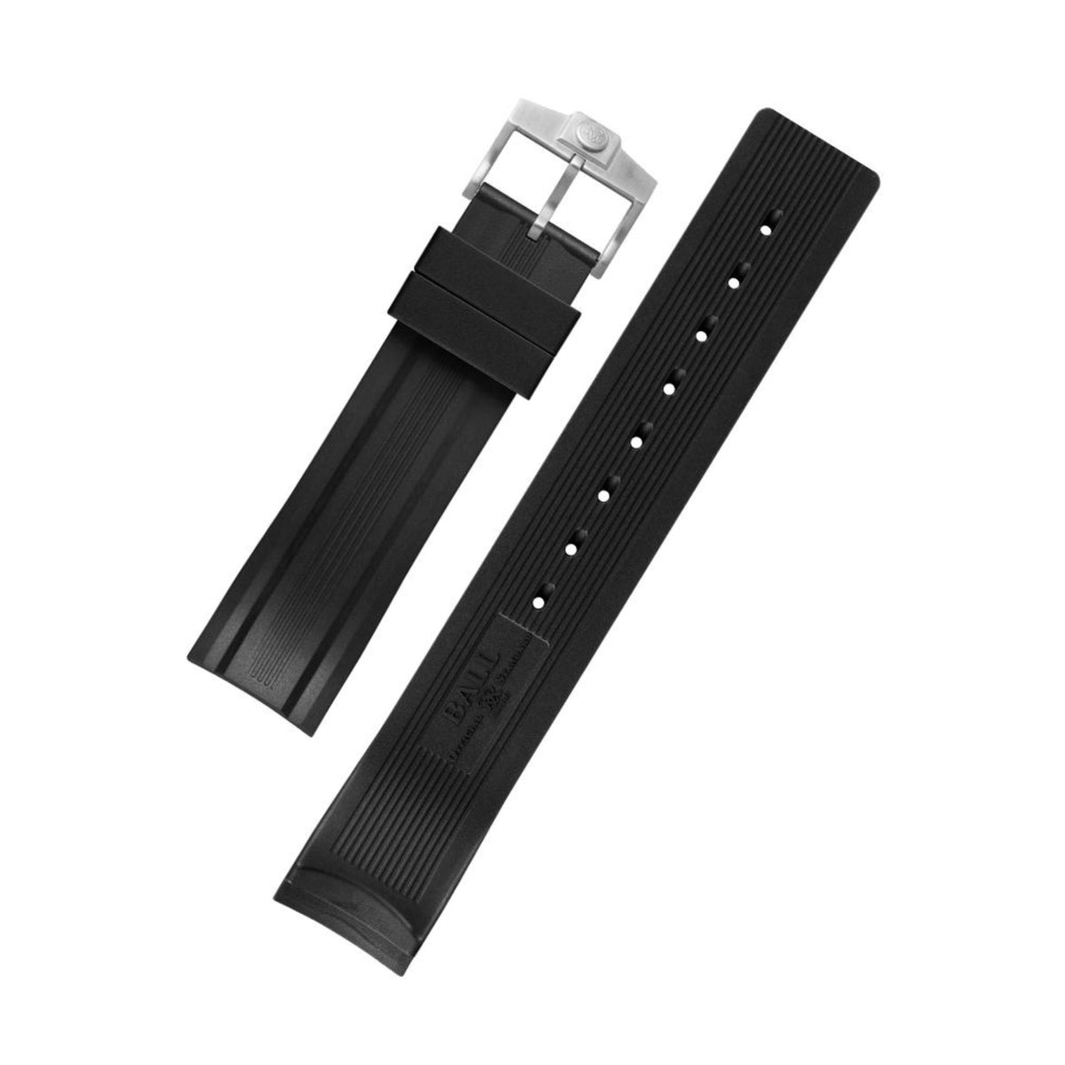 Black rubber strap with silver pin buckle and row of adjustment holes