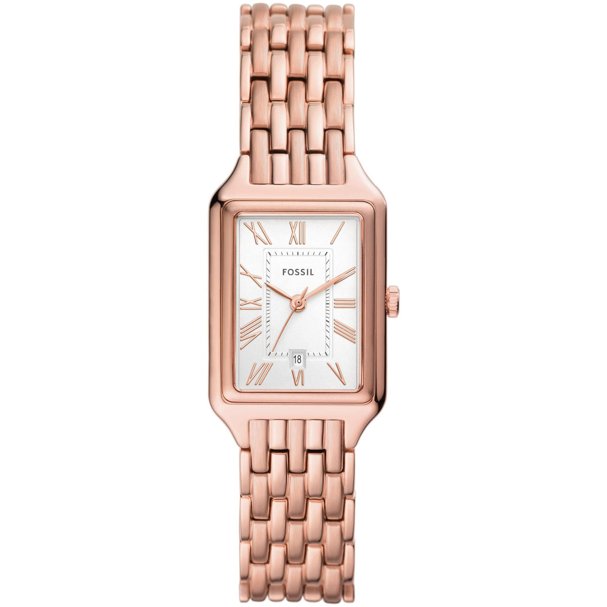Front view of the Fossil Raquel ES5271 ladies watch featuring a white dial, rose gold-tone Roman numerals, and a rose gold-tone steel bracelet