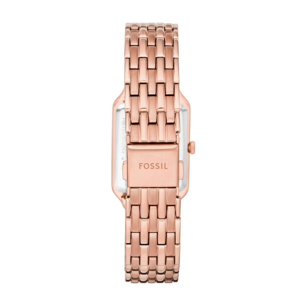 Rear view of the Fossil Raquel ES5271 bracelet displaying the rose gold-tone folding clasp with signed logo