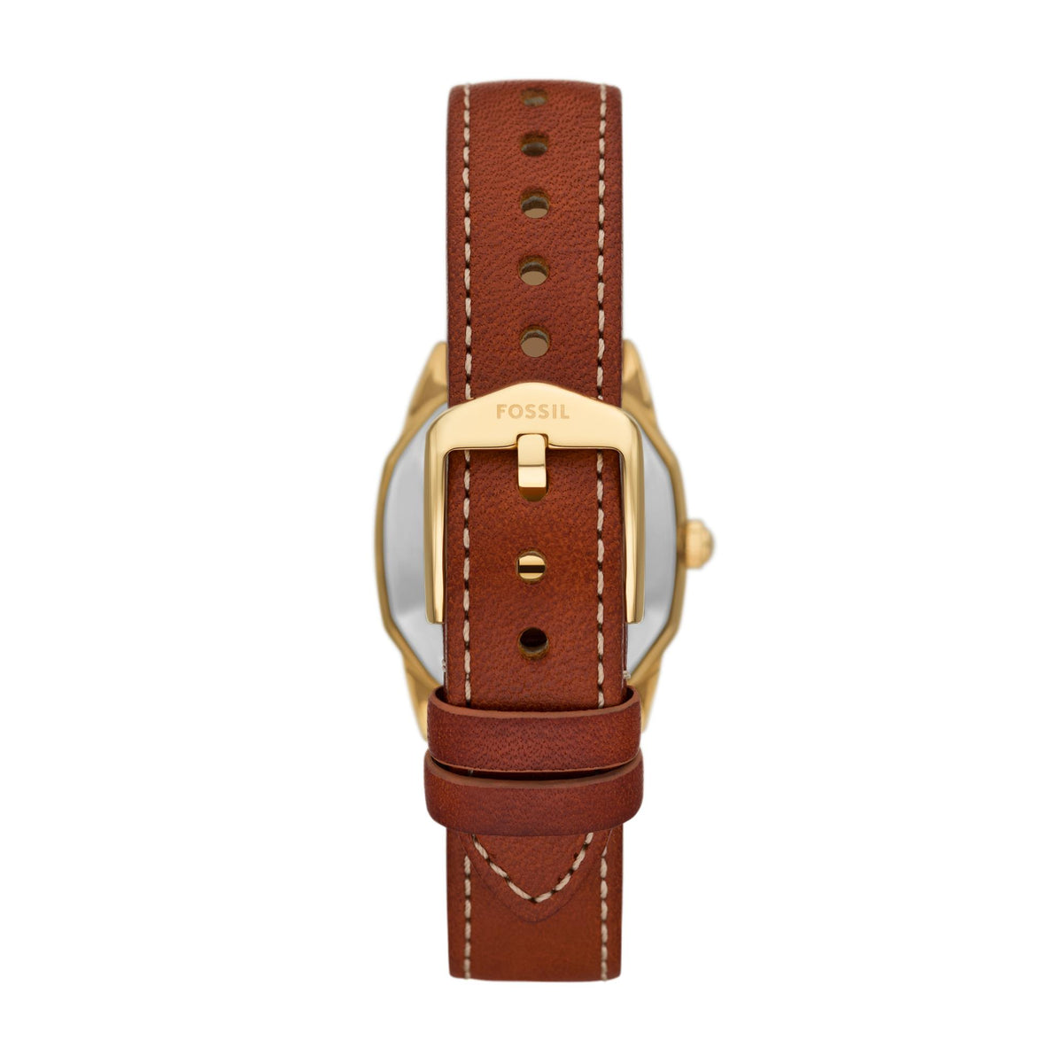 Fossil quartz watch with brown leather strap and gold-tone case back