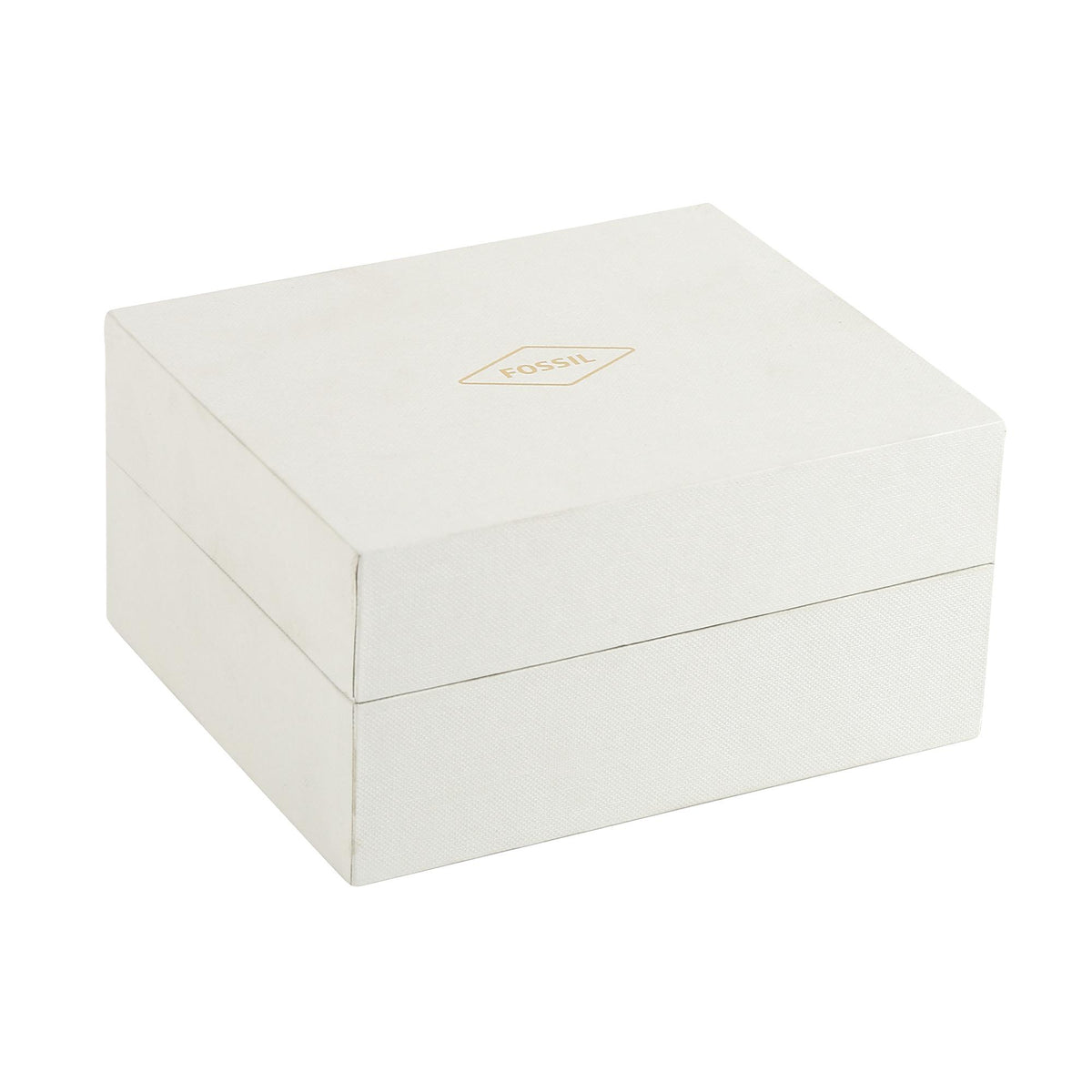 Fossil watch box with gold logo on light gray lid and base