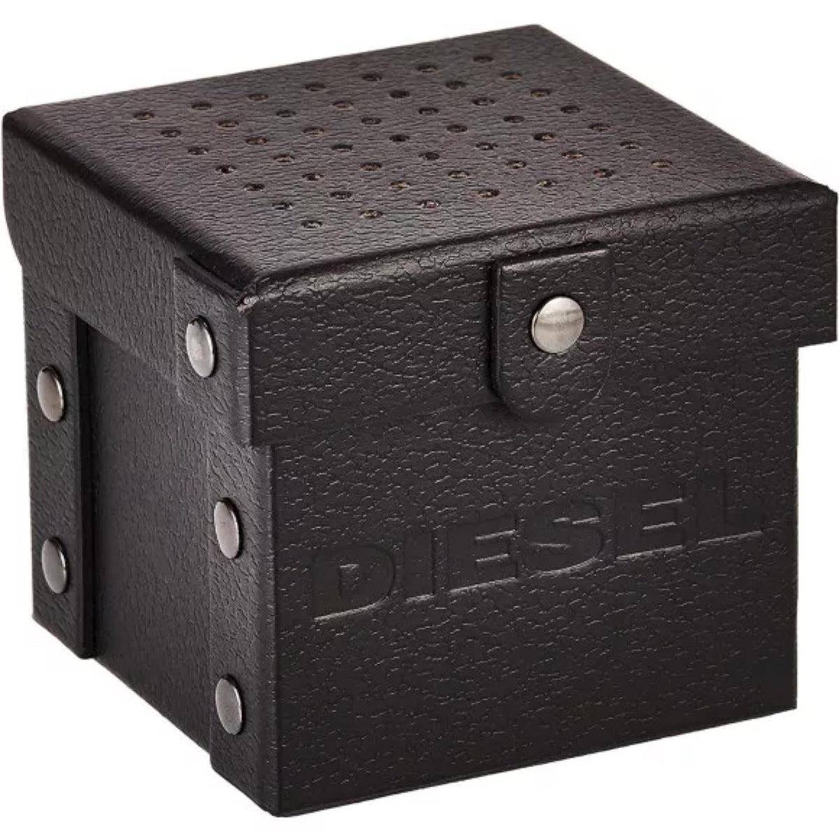 Diesel black watch presentation box with embossed DIESEL logo and metal stud corners