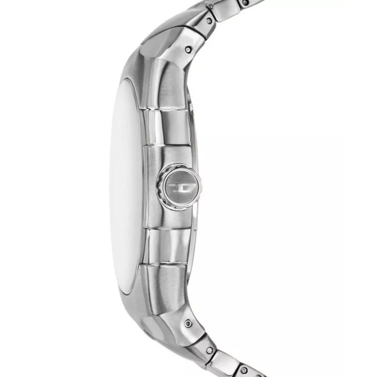 Stainless steel men's quartz watch, curved case and link bracelet, side view