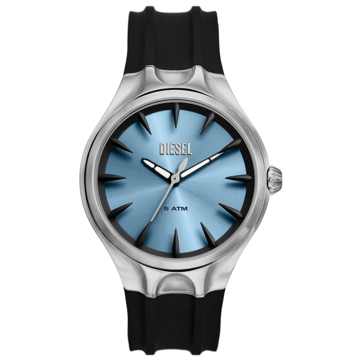 Diesel Streamline men's quartz watch with blue dial, black silicone strap, stainless steel case