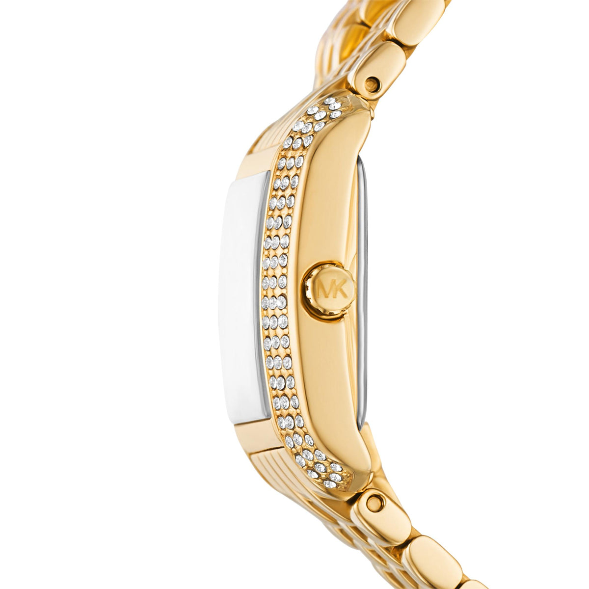 Gold-tone wristwatch case close-up with crown detail and diamond-studded bezel