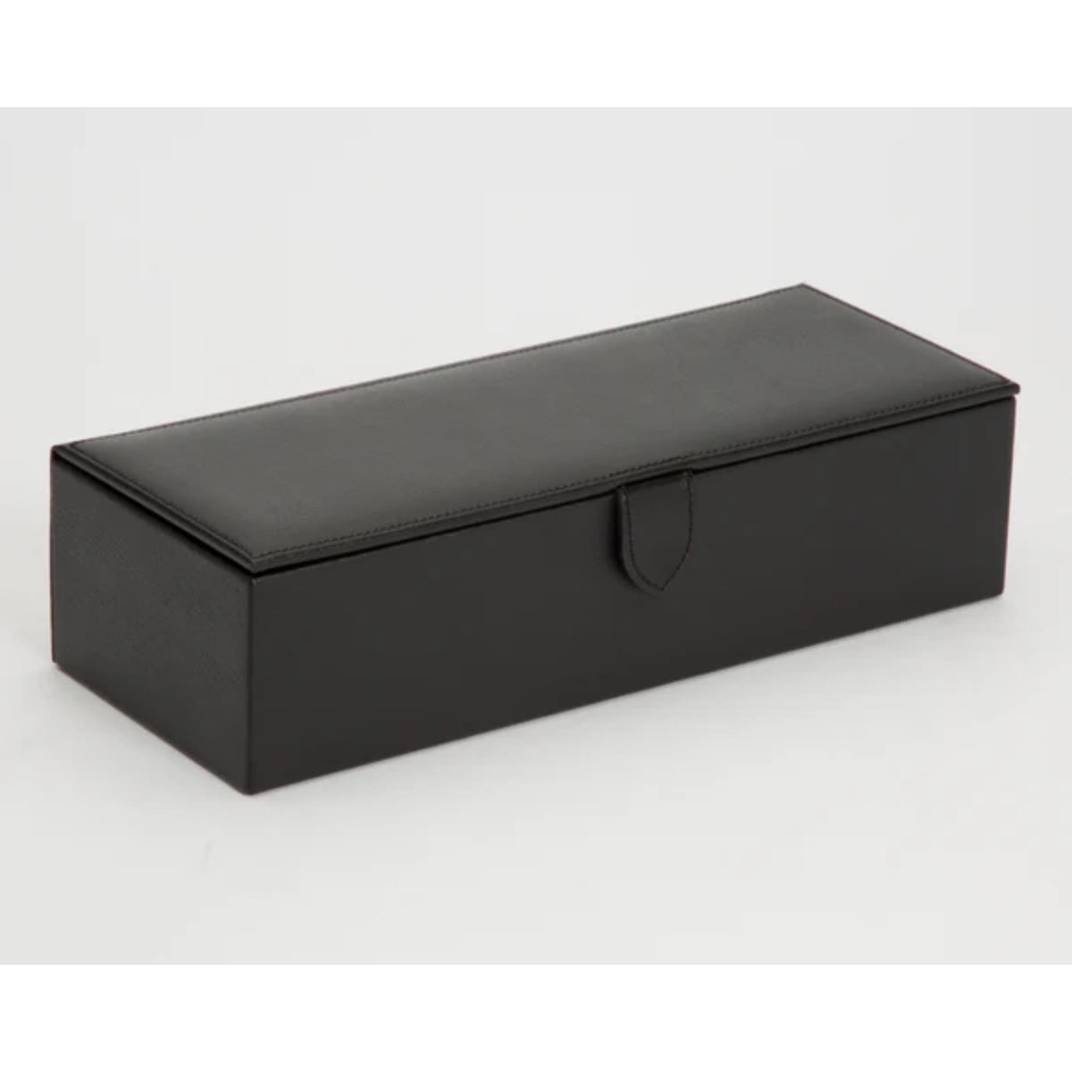 Black rectangular 5-slot watch box with hinged lid, shown at an angle