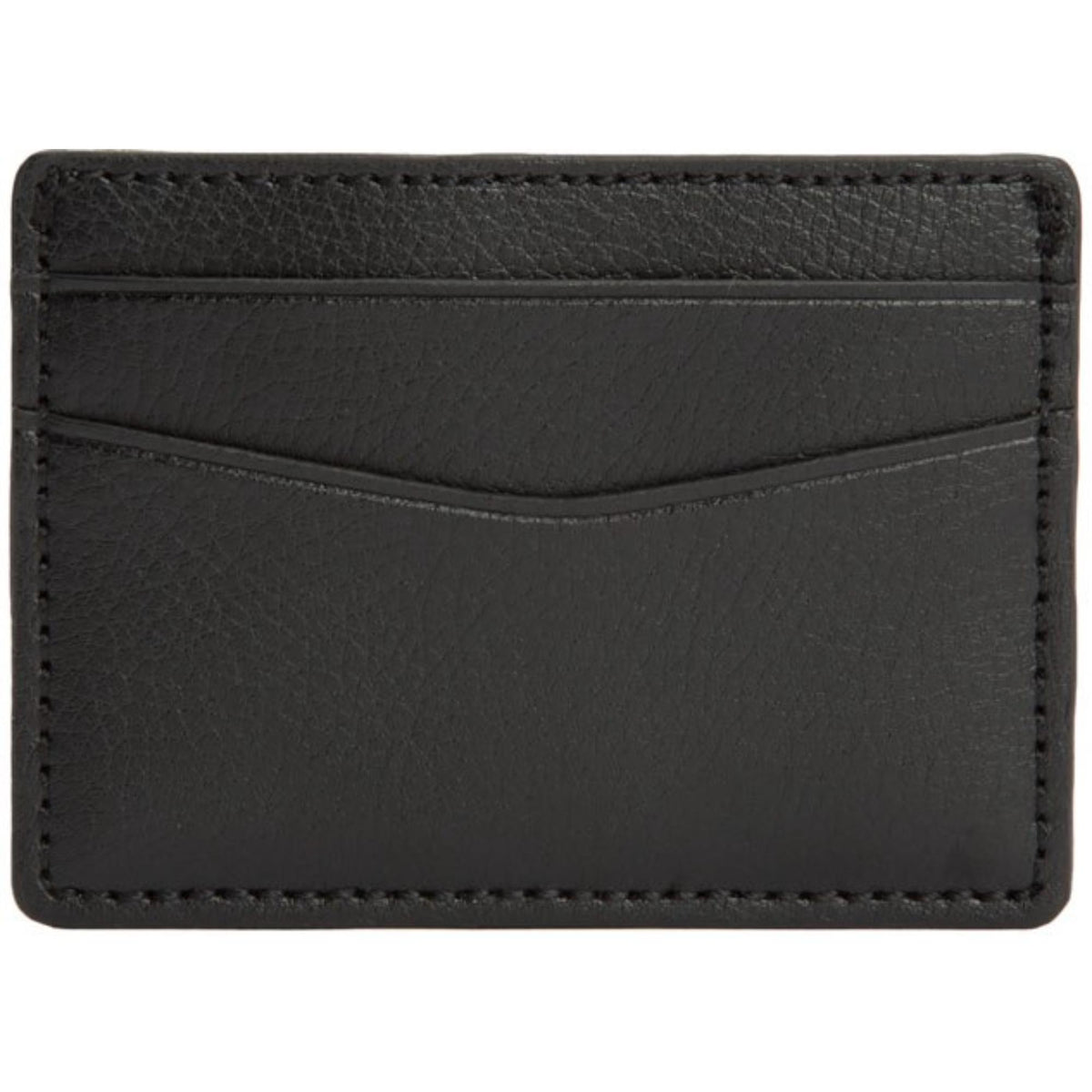 Black credit card case with front card slot and stitched edges, textured leather finish