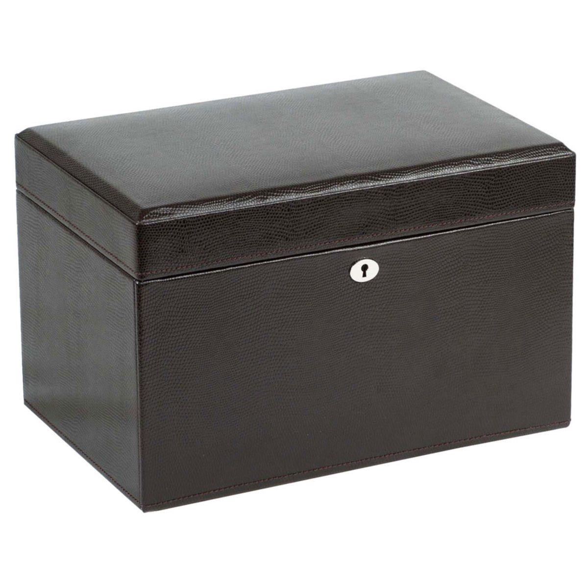 Grey medium jewellery box with hinged lid and round lock on the front panel