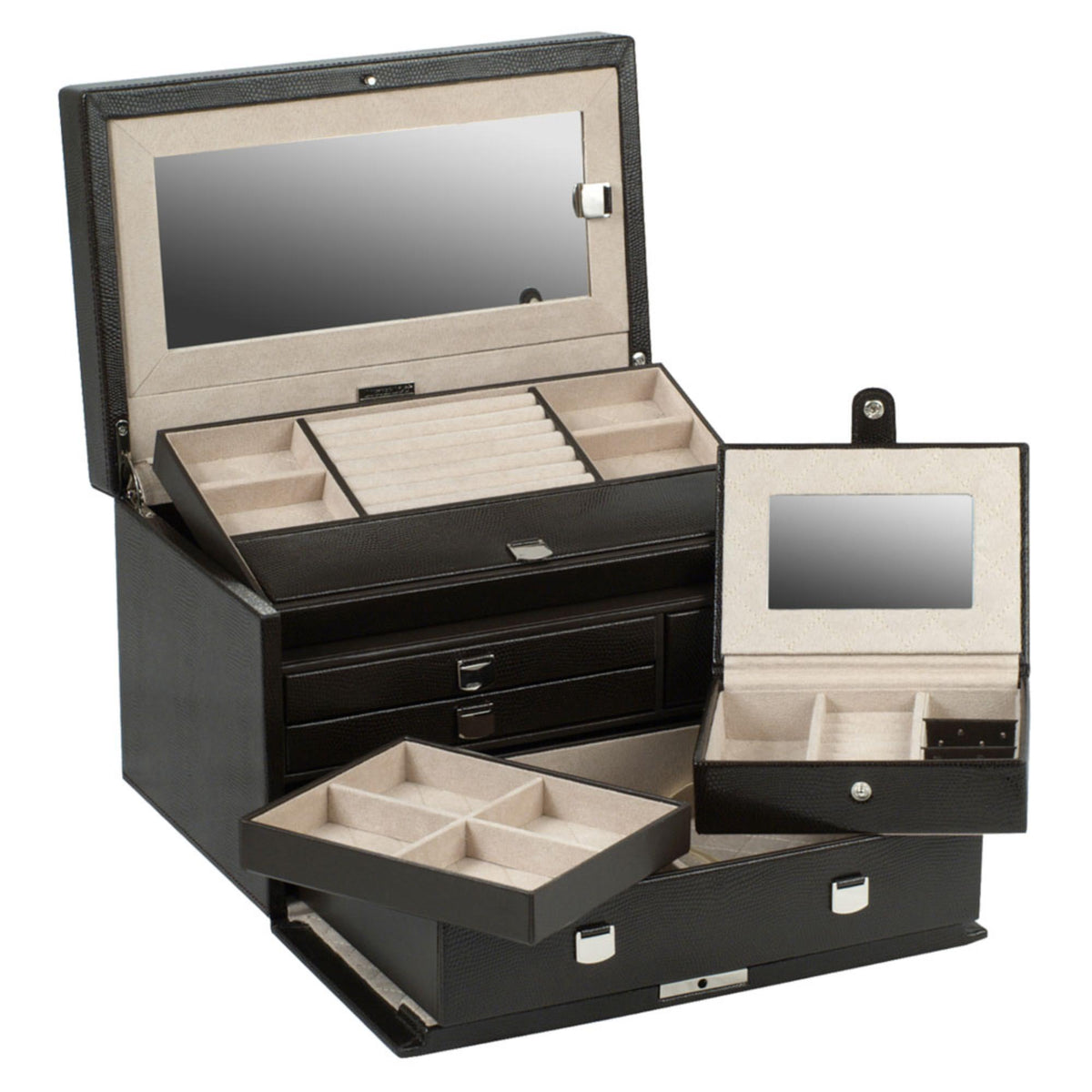 Medium jewellery box open, showing compartments, drawers, and ring slots