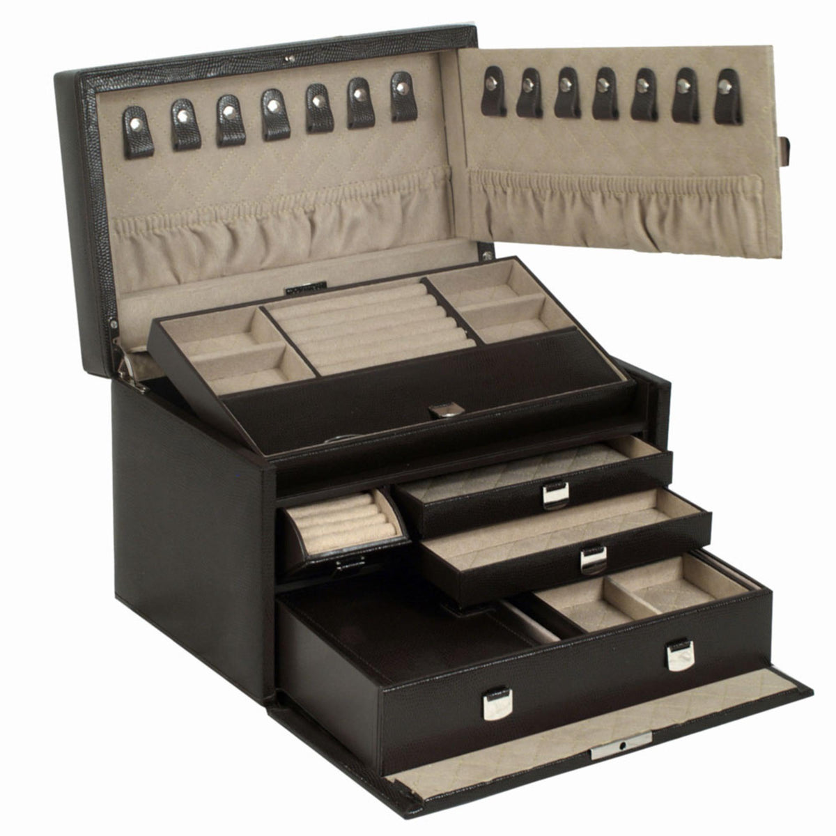 Medium jewellery box open with beige organizer panels and visible earring hooks