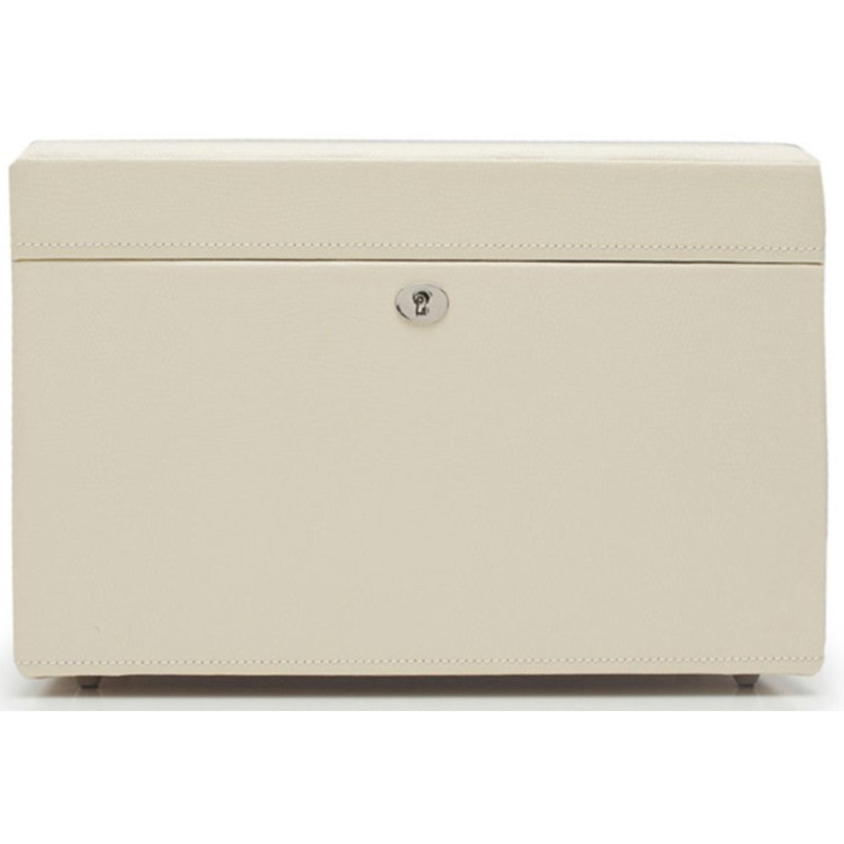 Medium light beige jewelry box with hinged lid and small circular lock