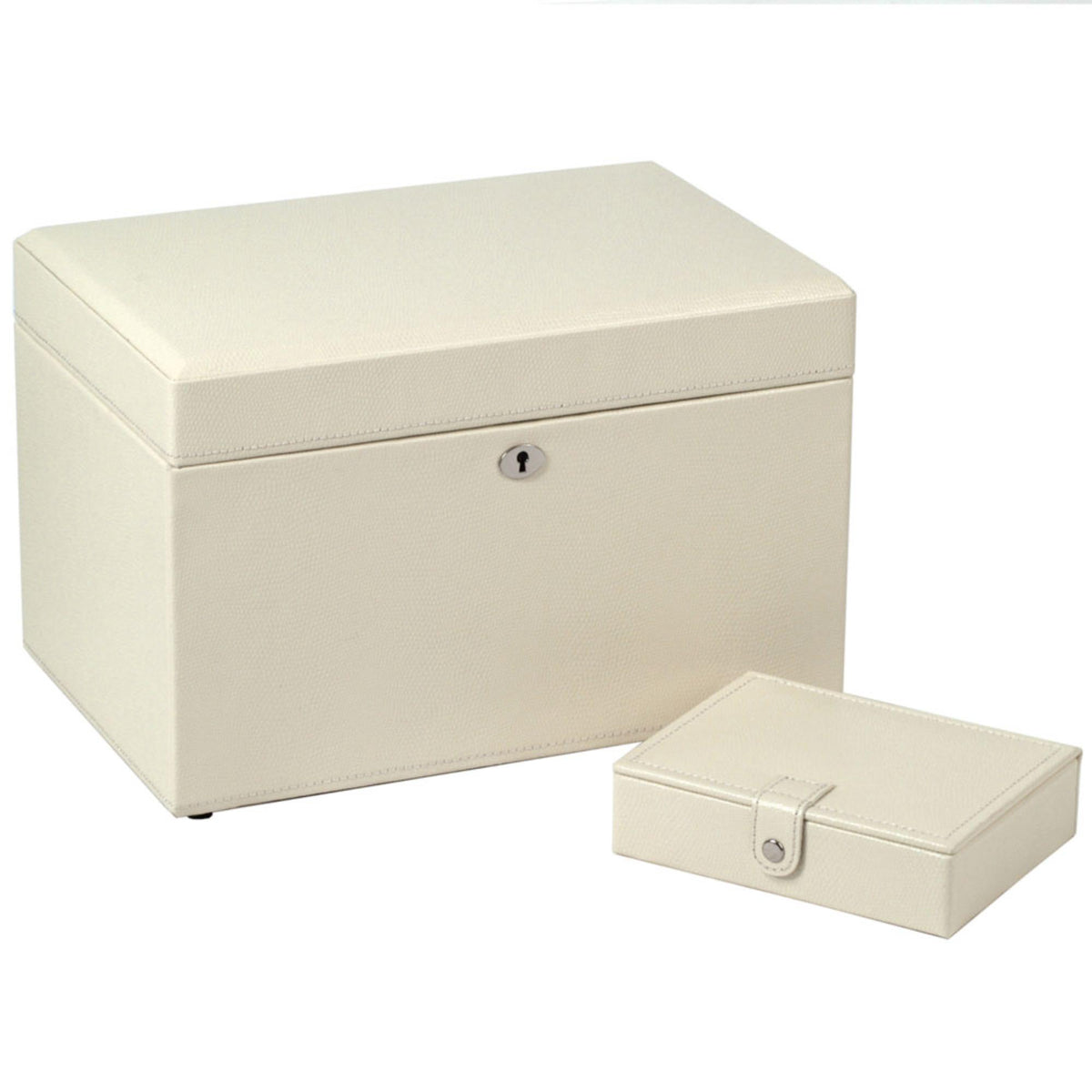 Medium light beige jewelry box with hinged lid and small matching storage box