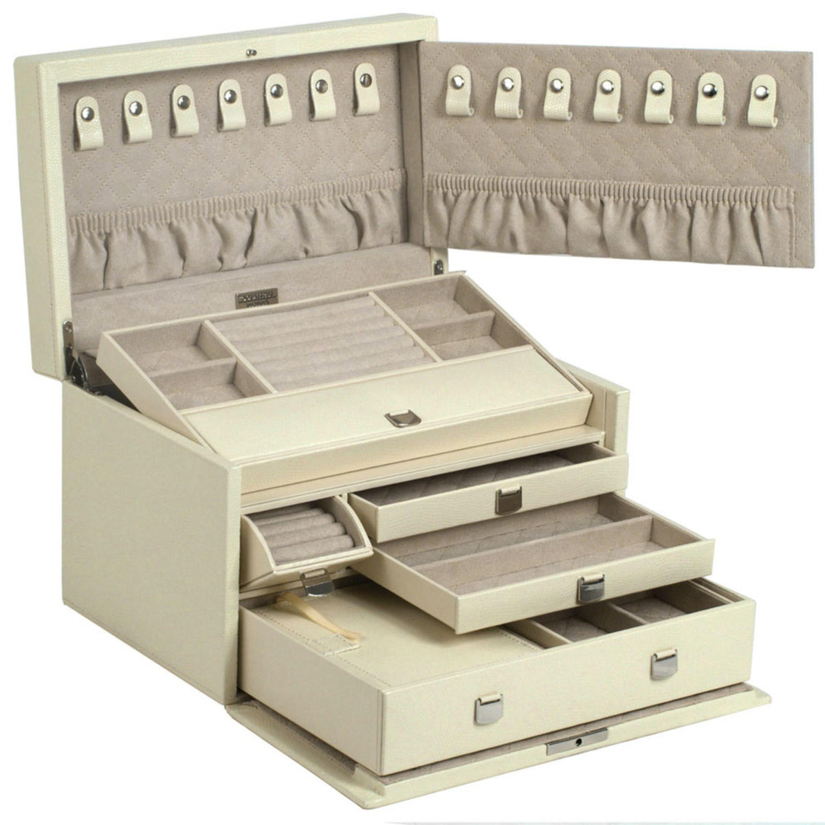 Medium light beige jewelry box open with ring slots, padded sections, and drawers