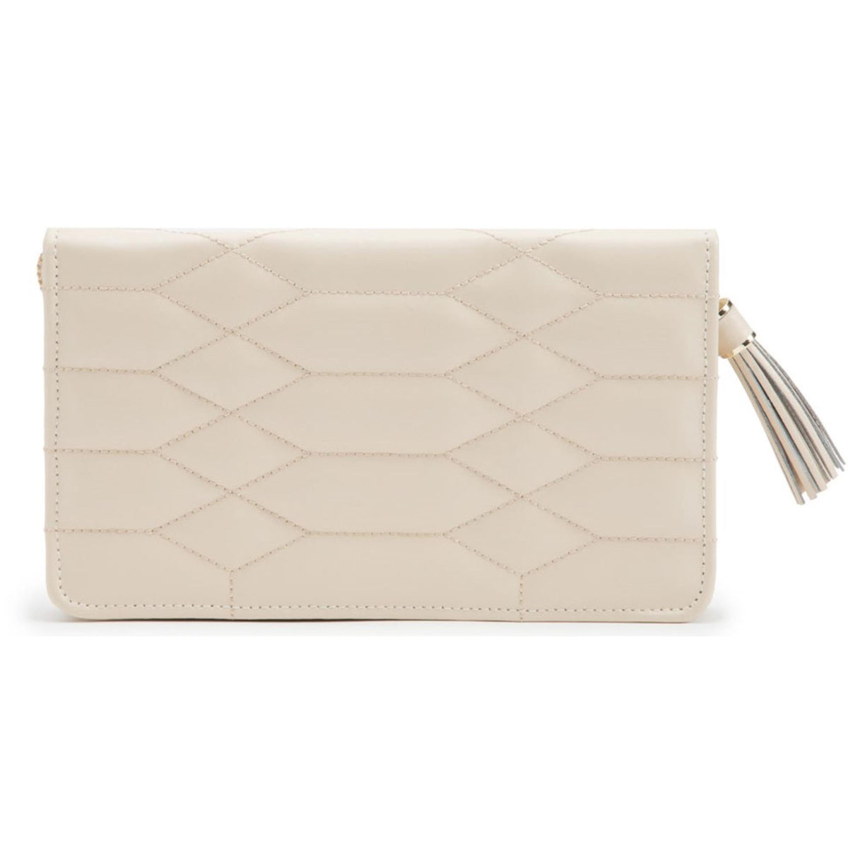 Cream quilted jewelry portfolio with tassel, snap closure and side zip pocket