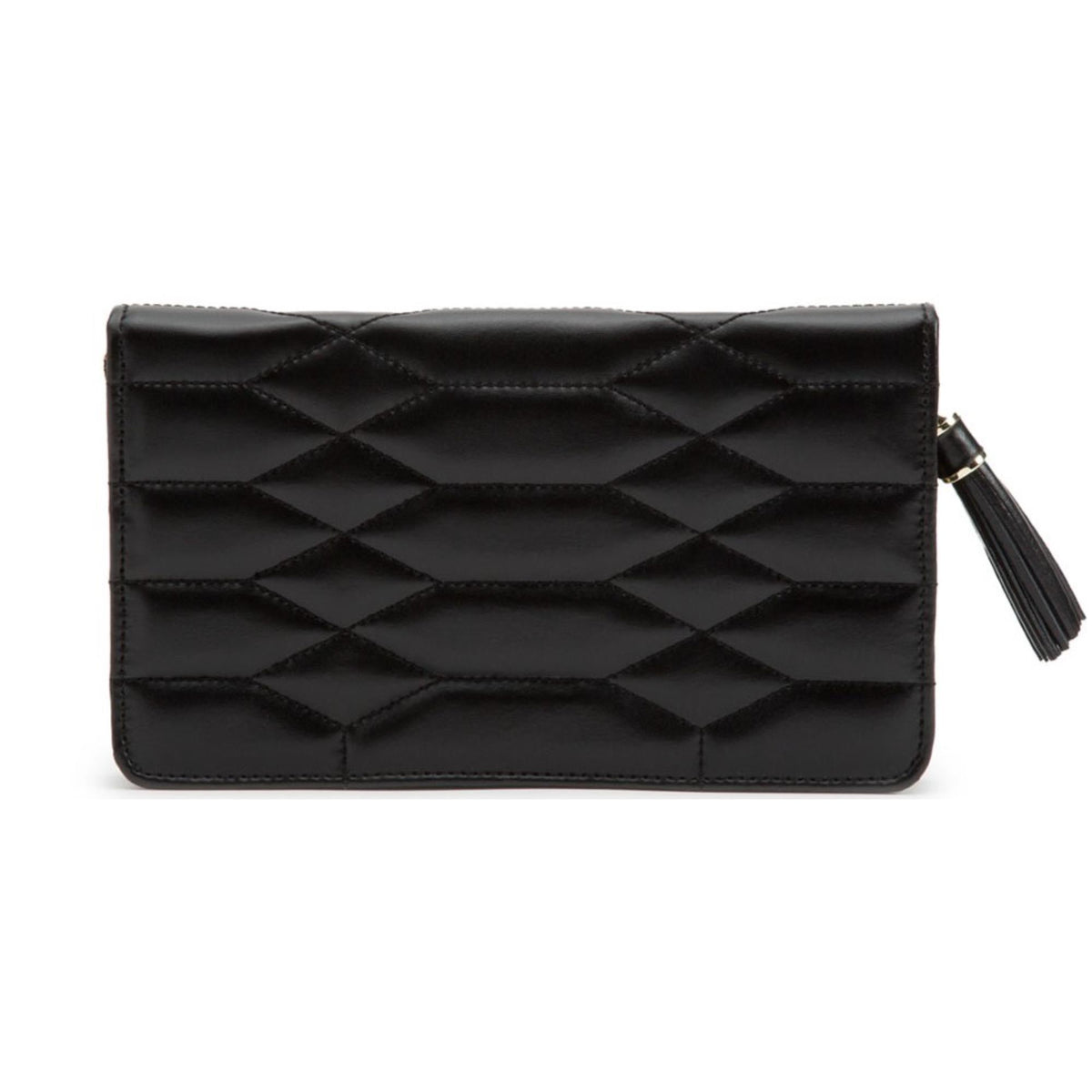 Black quilted jewelry portfolio with flap, gold zipper, and side tassel.