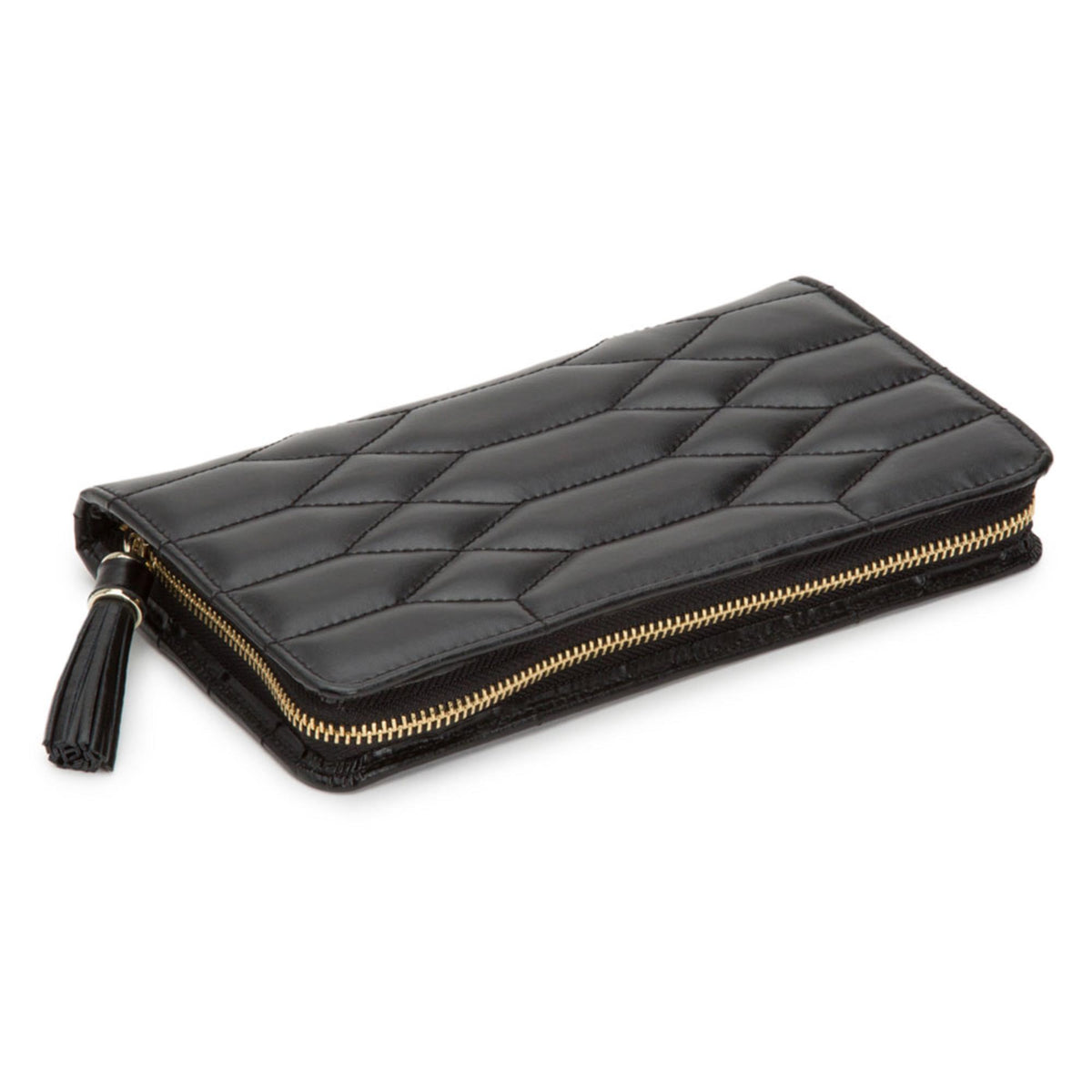 Black quilted portfolio wallet with long gold zipper and tassel pull.