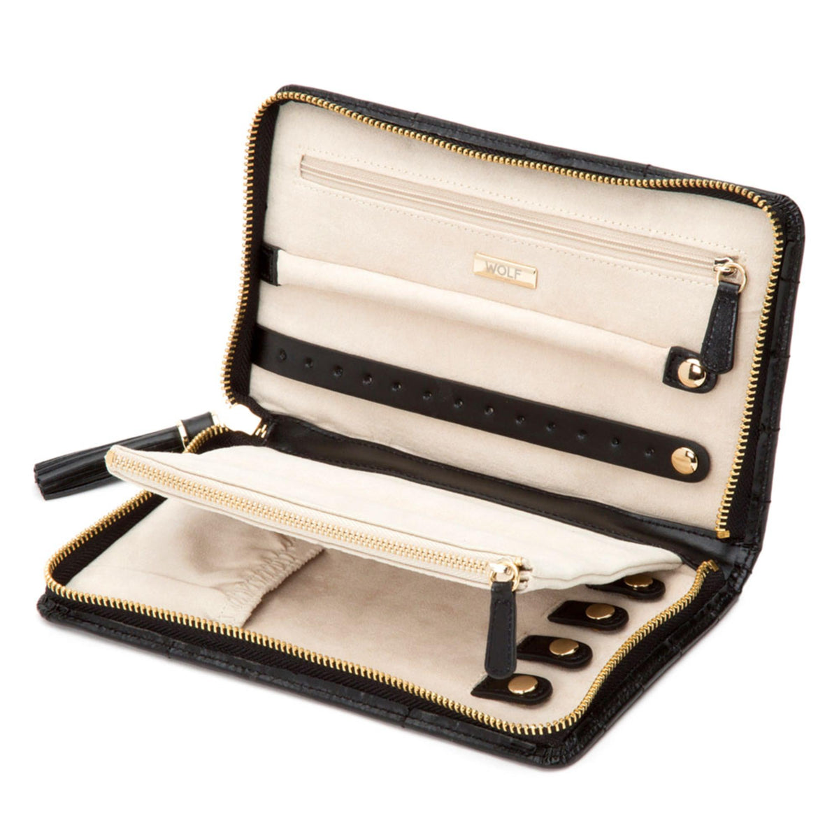 Open black quilted jewelry portfolio with cream lining, zip compartments, and necklace slots.