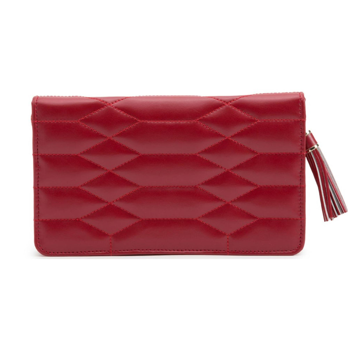 Red quilted leather-look jewelry portfolio with tassel and snap closure hardware.