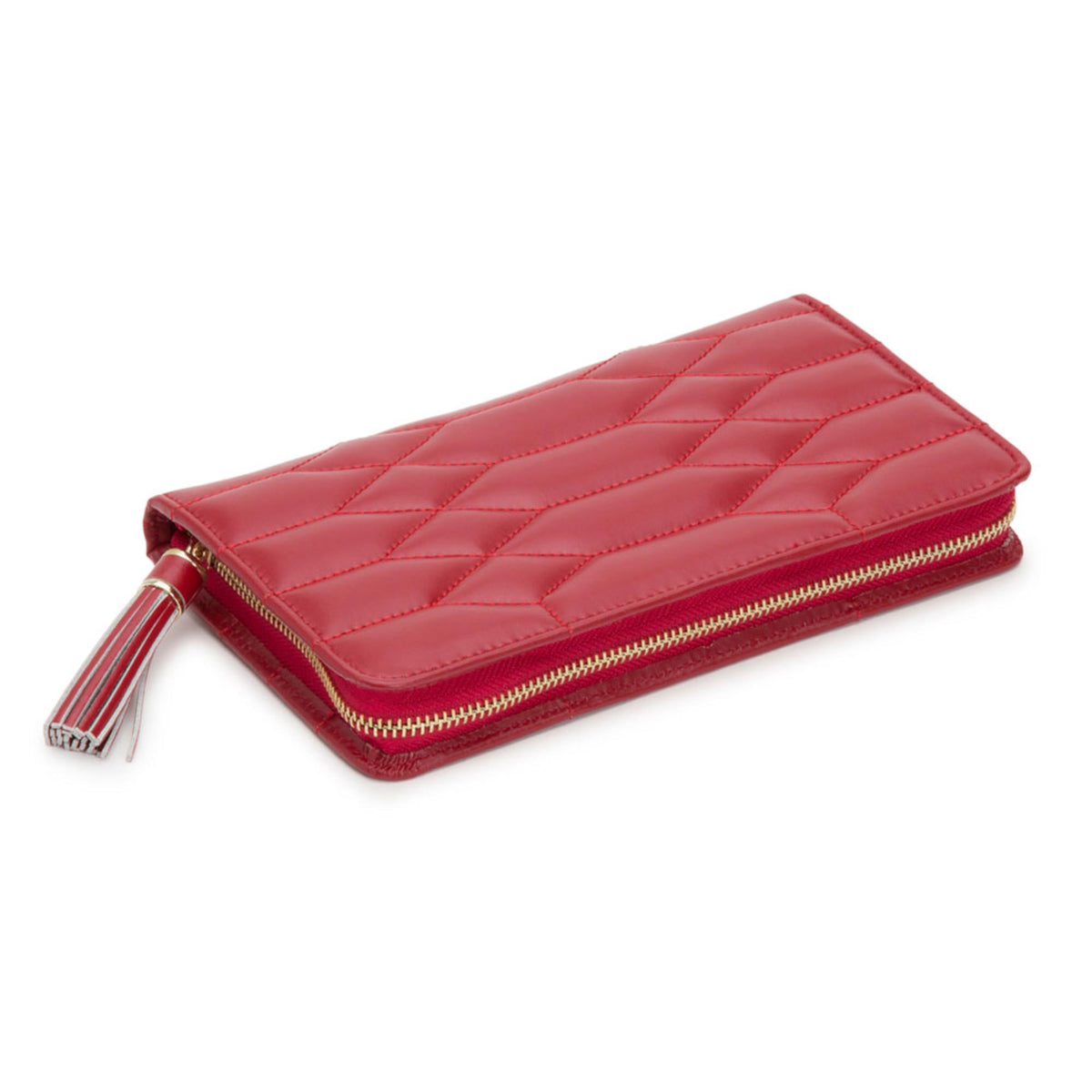Red zip-around jewelry portfolio wallet with tassel keychain detail and quilted front.