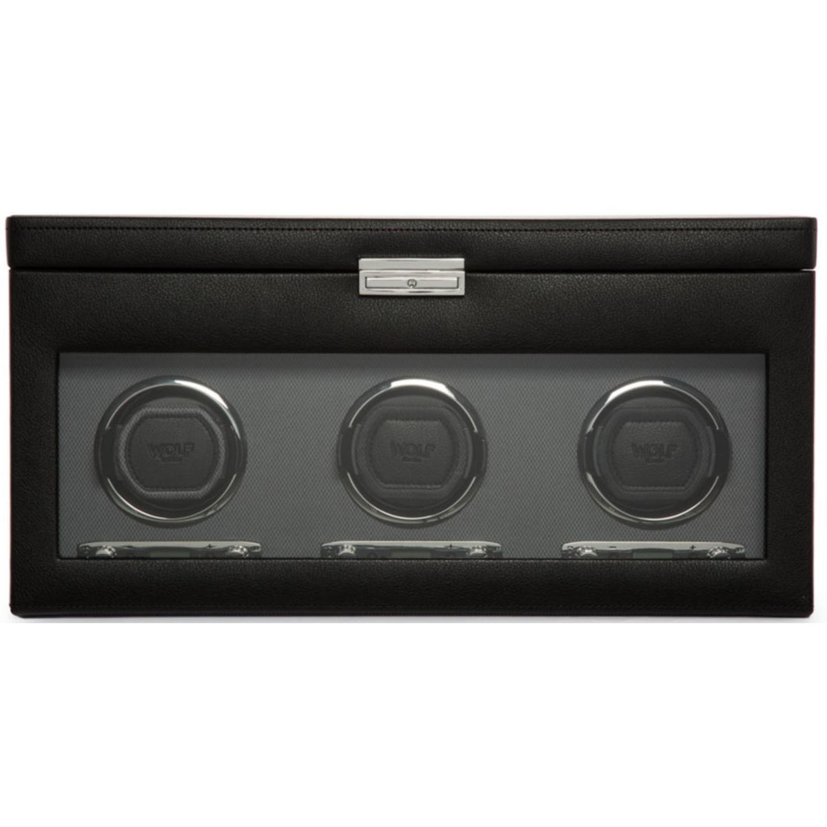 Black triple watch winder with storage, front view with three circular winding modules