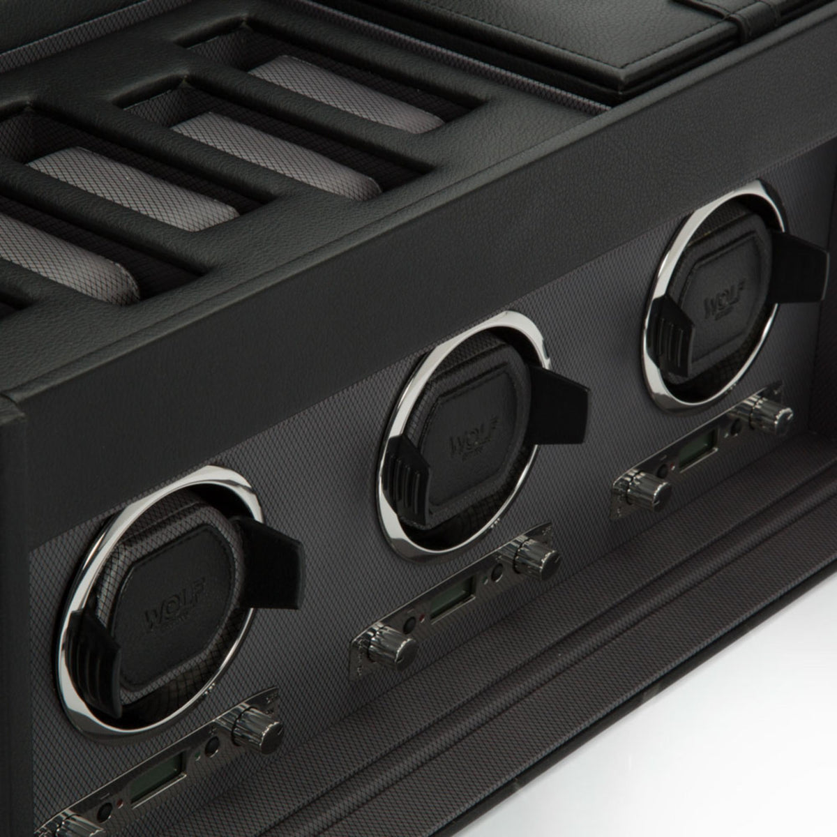 Black triple watch winder base with three circular winding modules and control buttons