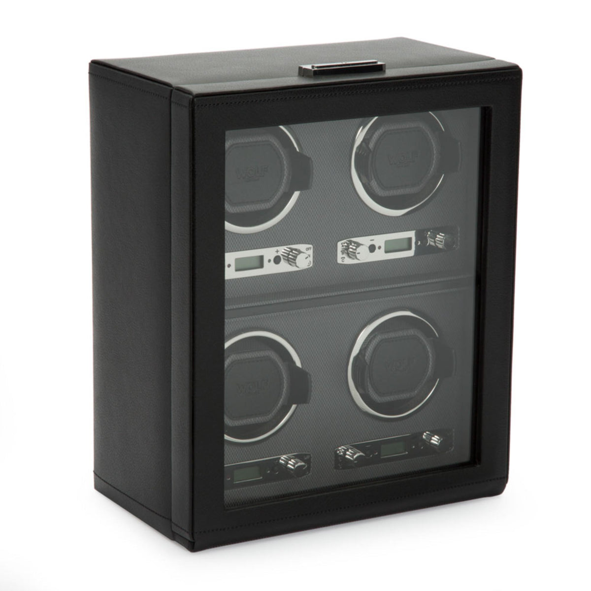 Black WOLF watch winder cube with clear front window showing four rotating watch holders