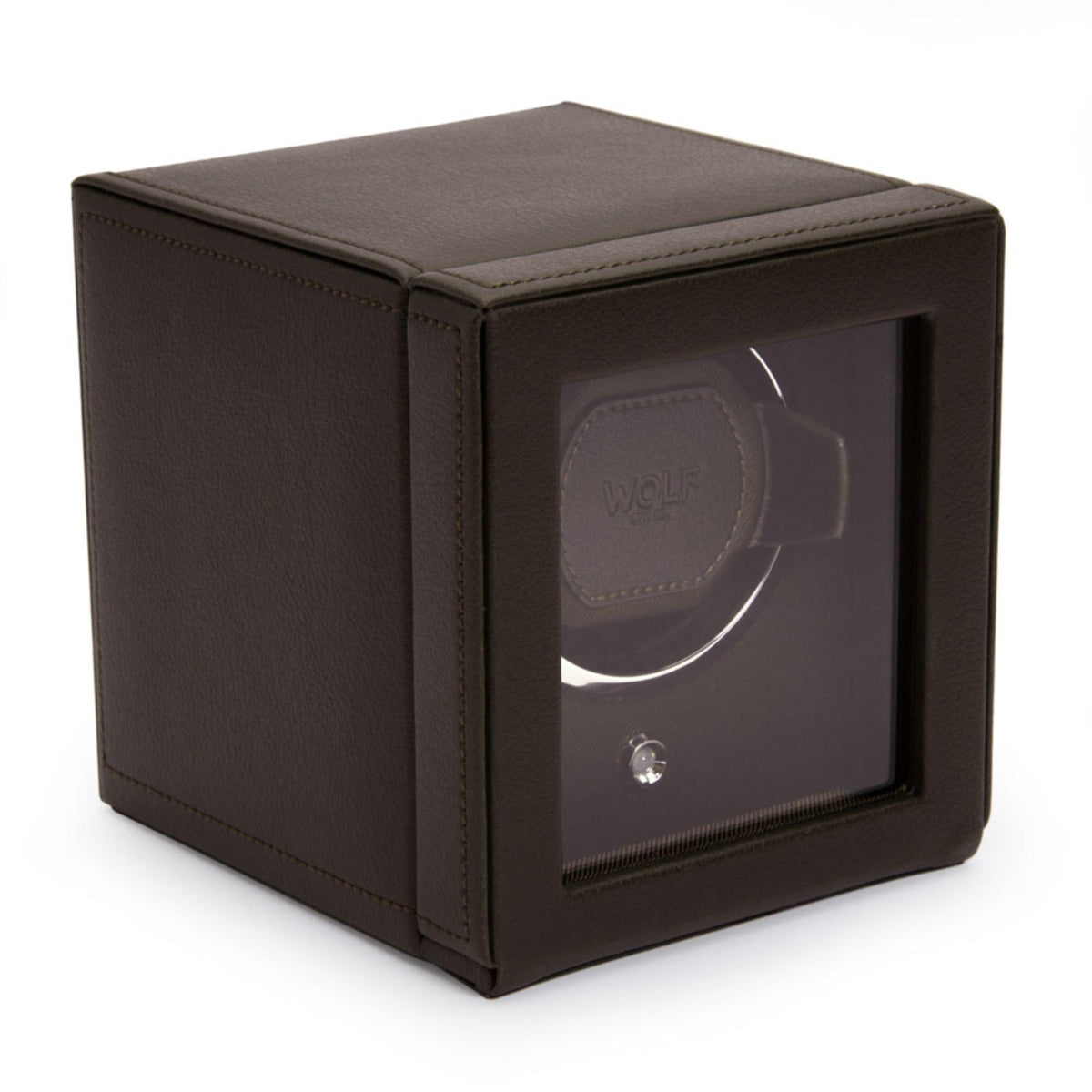 Brown leather-look watch winder cube with closed hinged cover and circular viewing window