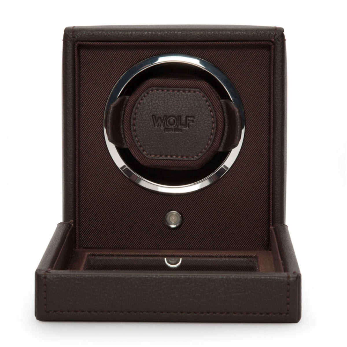 Brown leather-look single watch winder with chrome ring and open cradle for a watch