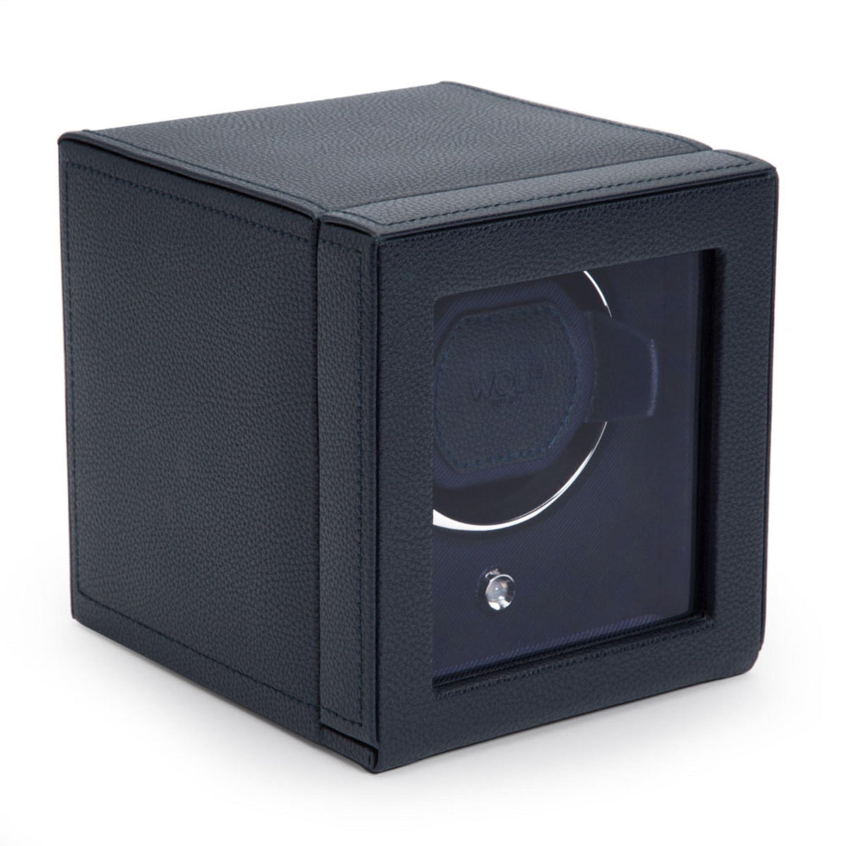 Navy single watch winder with hinged front display window and small control button