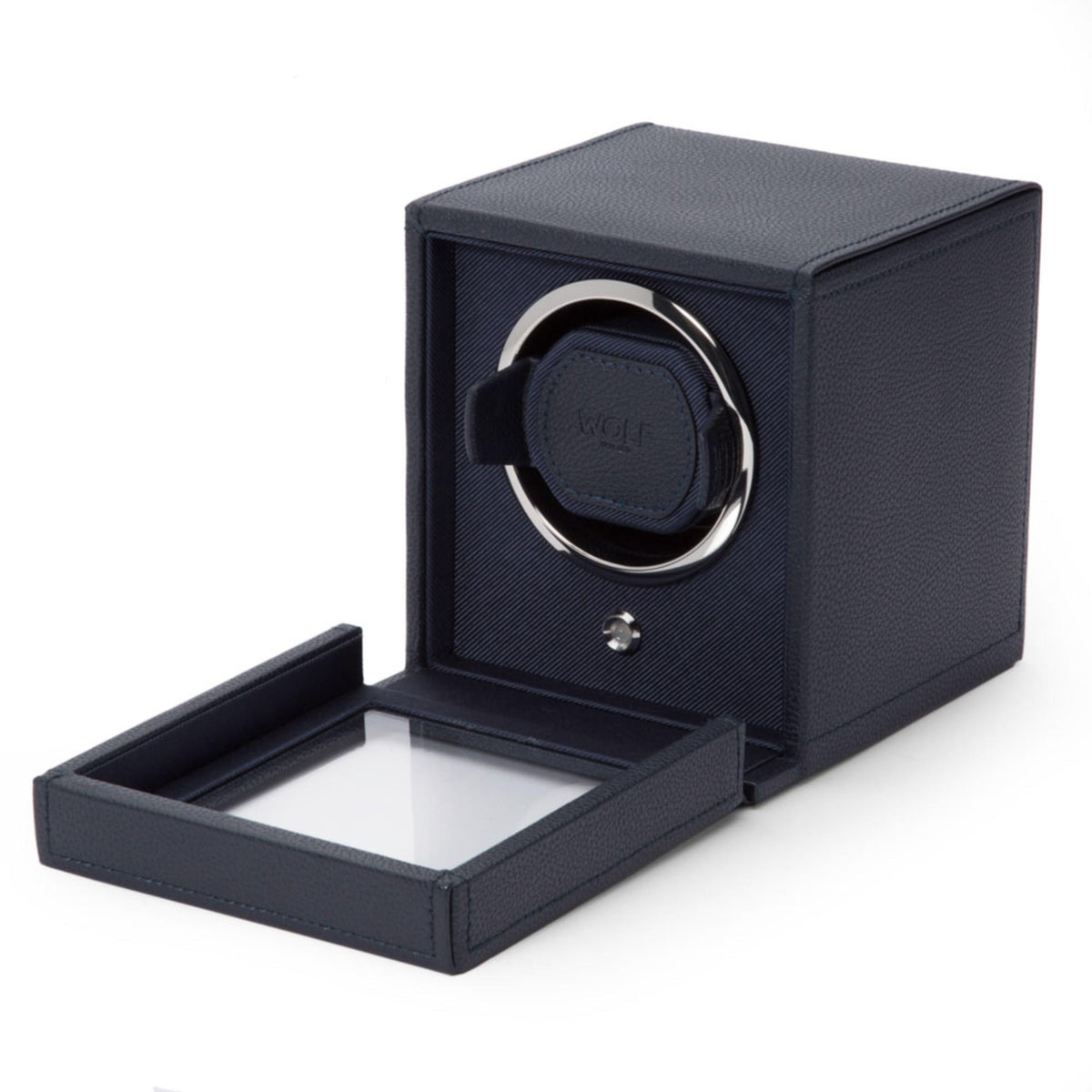 Navy single watch winder with hinged open lid and circular winder cradle