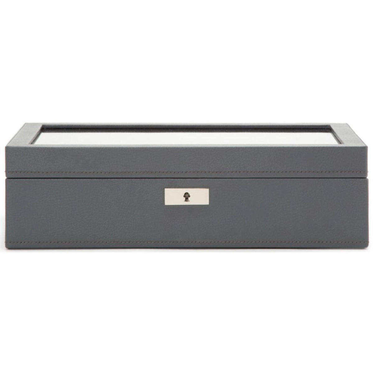Wolf Howard watch box with hinged lid, dark gray exterior and center lock plate