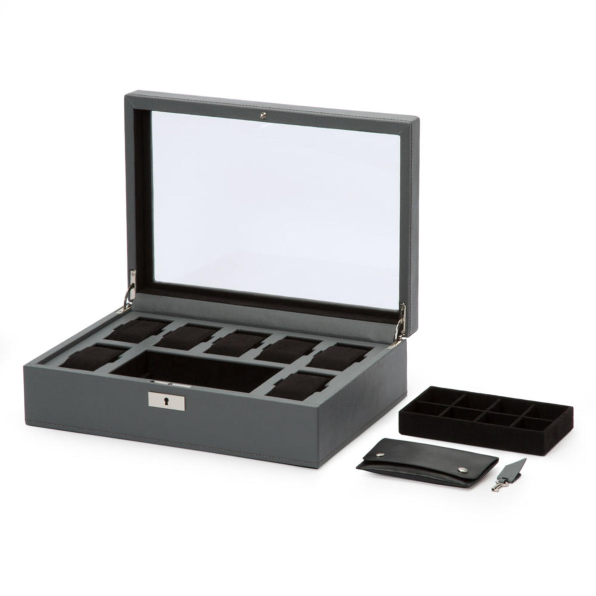 Wolf Howard watch box open with black insert tray, dark gray exterior and accessory base