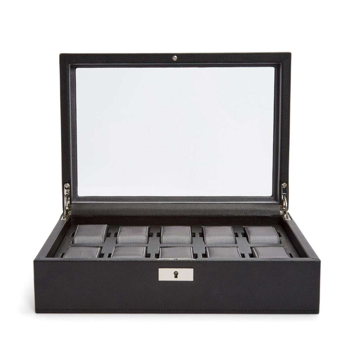 Black 10-slot watch box with lid open, displaying padded slots inside.