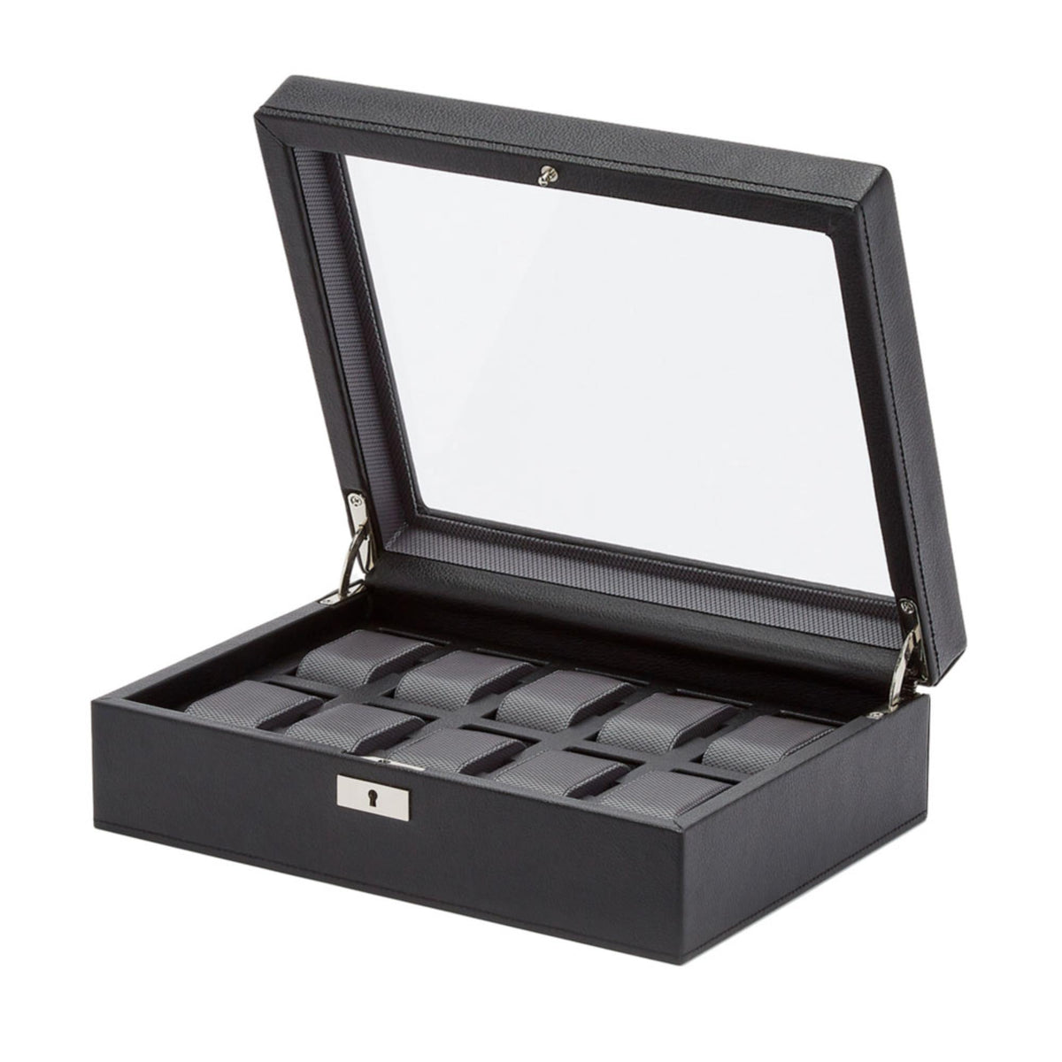 Black 10-slot watch box with lid open on hinges, showing padded watch compartments.