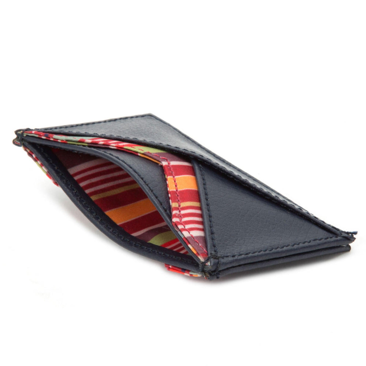 Dark navy card wallet with striped inner pocket and stitched edges, open angle view.