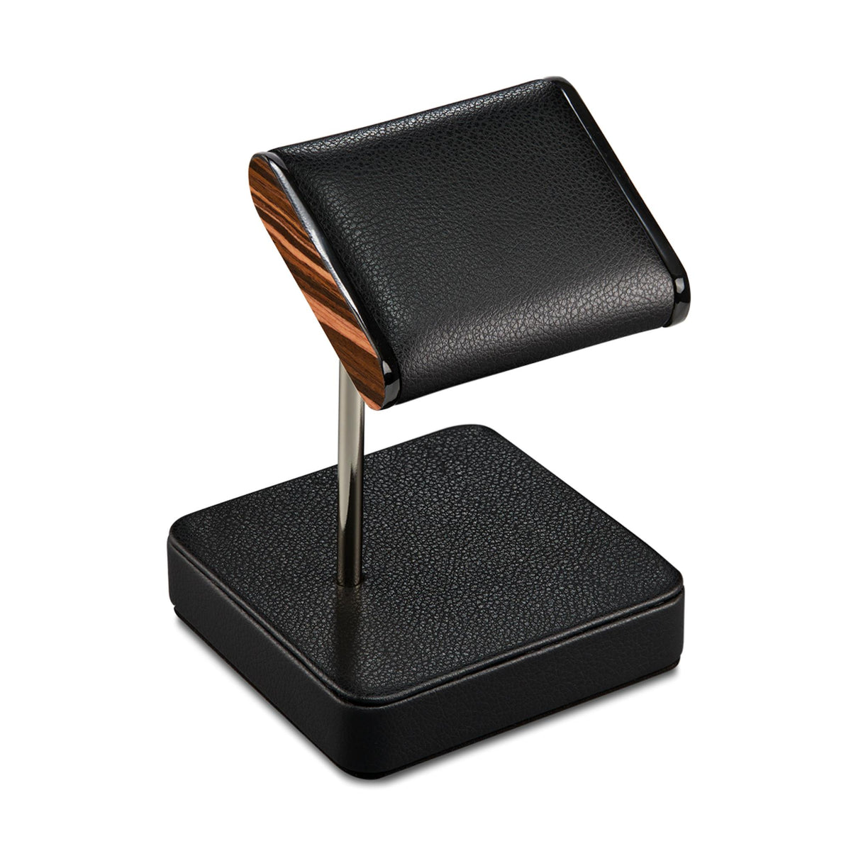 Single static watch stand, textured black leather-look with metal post and base