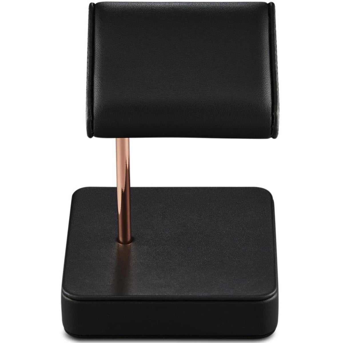 Single watch stand with black leatherette base, black pad, and copper vertical support