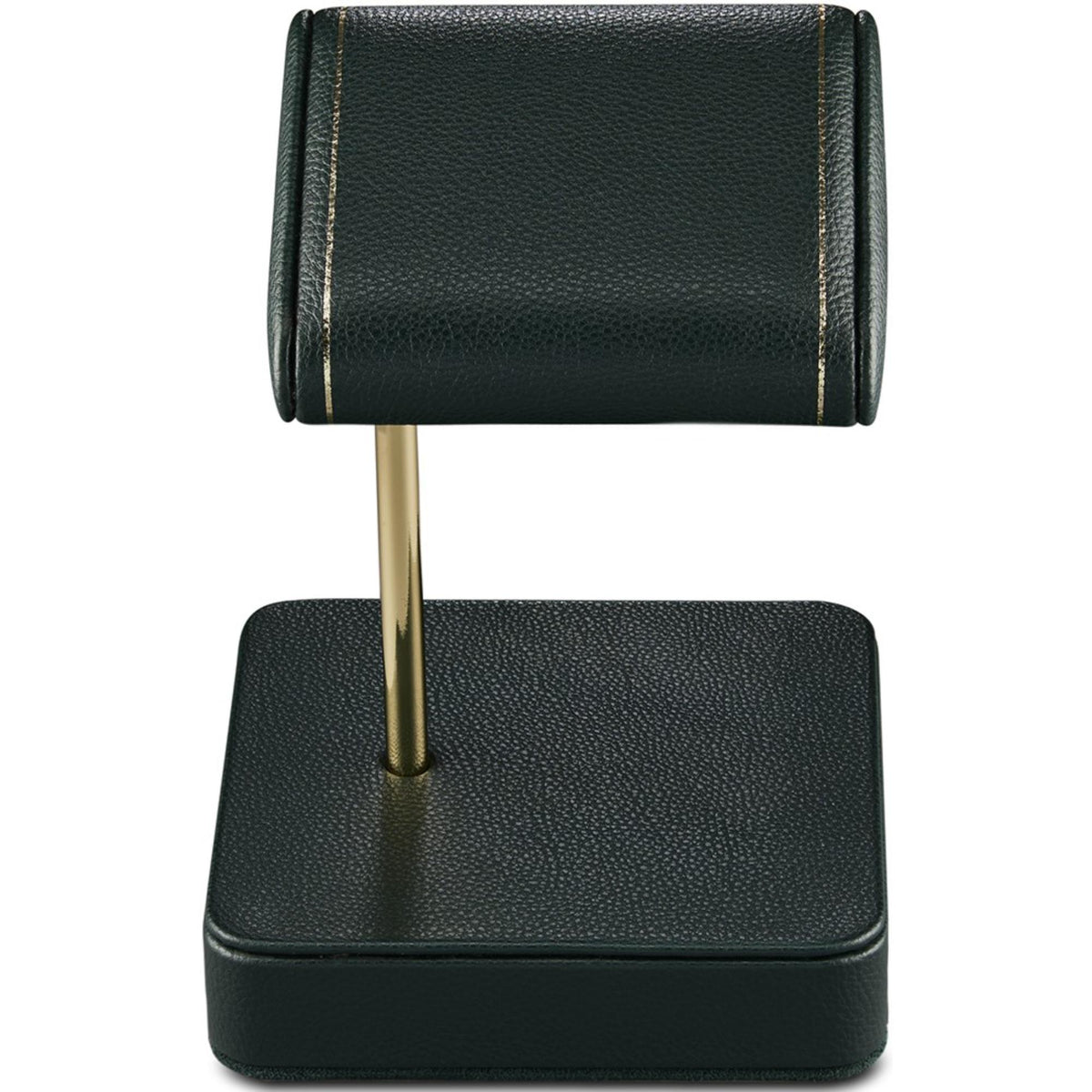 Green leather single watch stand with cylindrical top, gold post, and square base