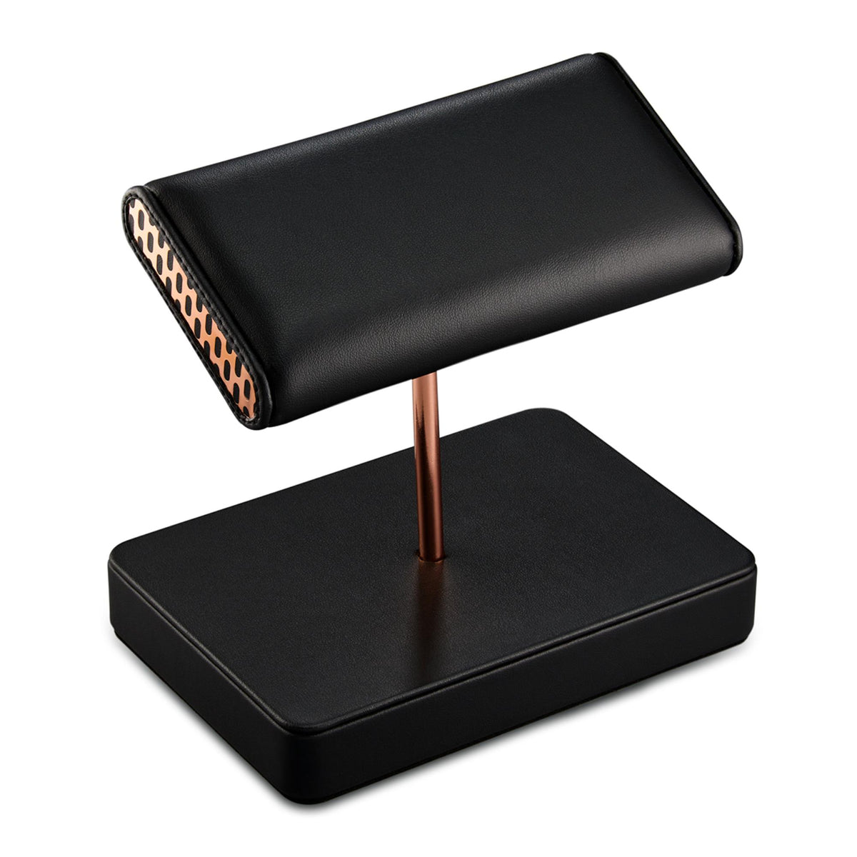 Double watch stand, angled view; black cushions with copper post and base
