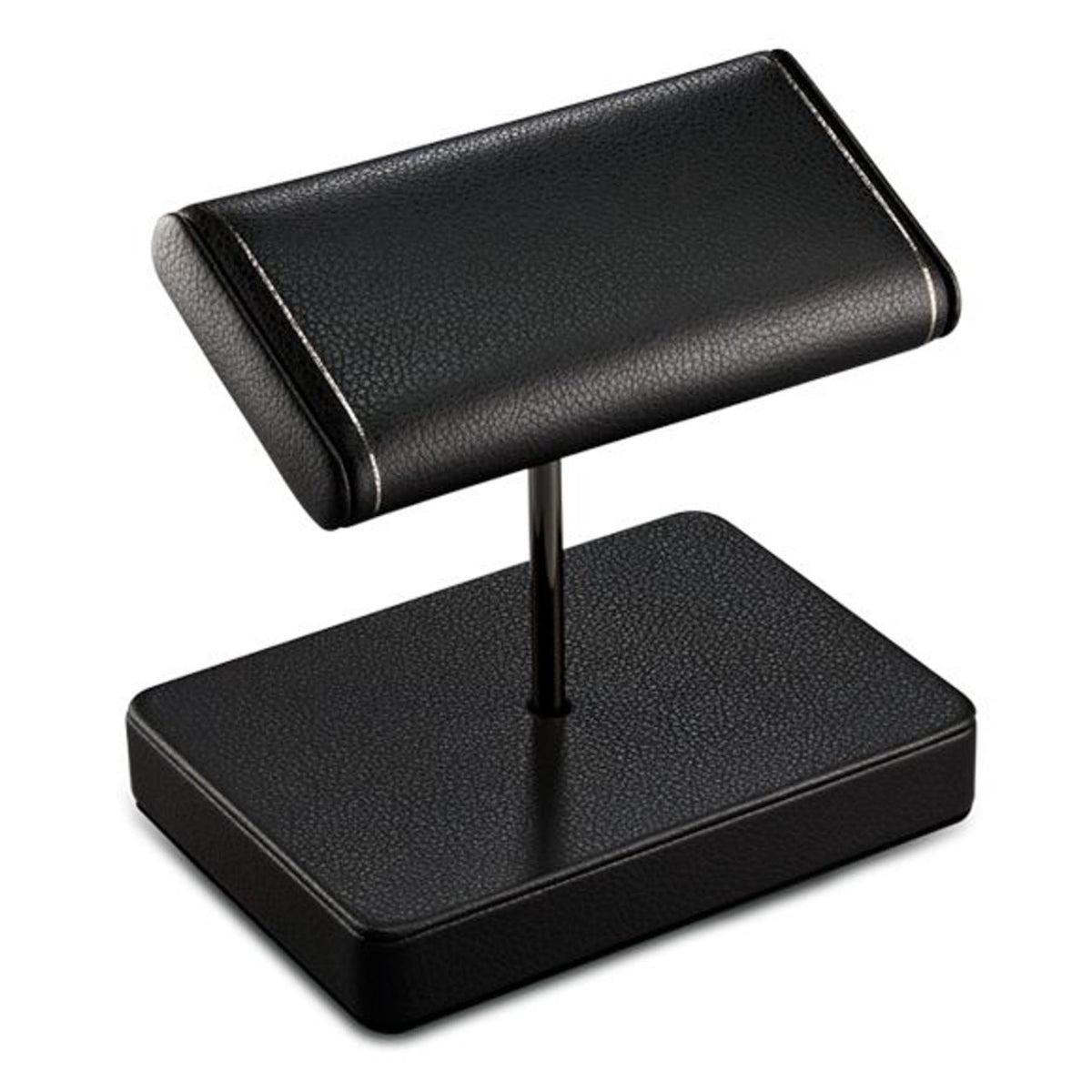 Black double watch stand with tilted top pad and square base, metal center post