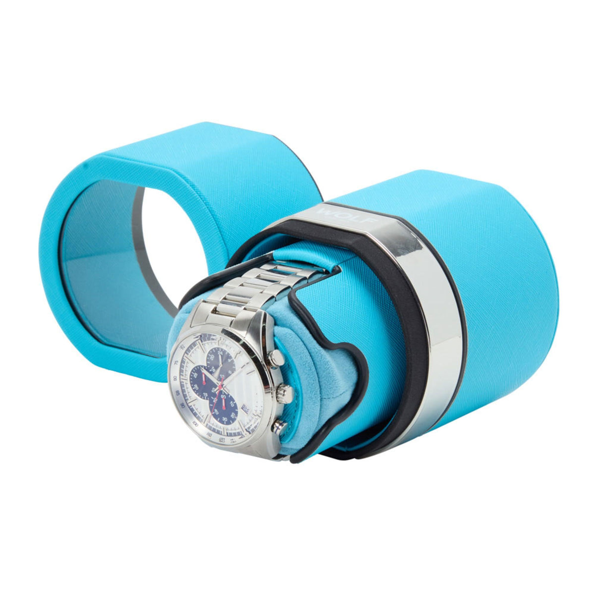 Blue travel watch winder with open holder showing a mounted wristwatch, side view