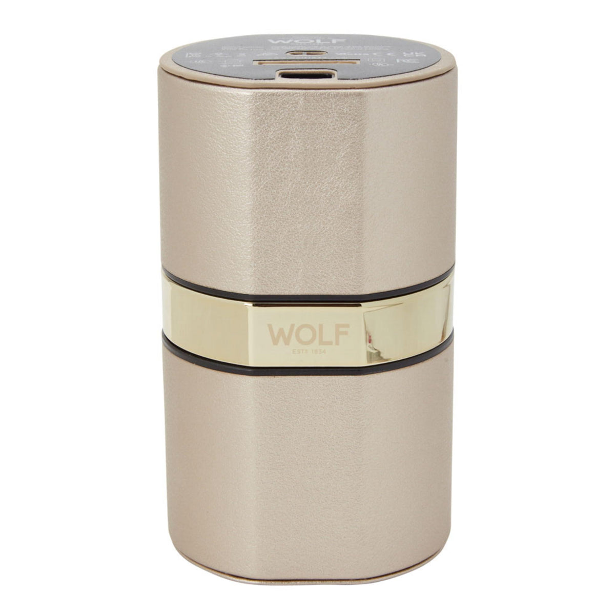 Champagne watch winder with top control slot and Wolf logo band
