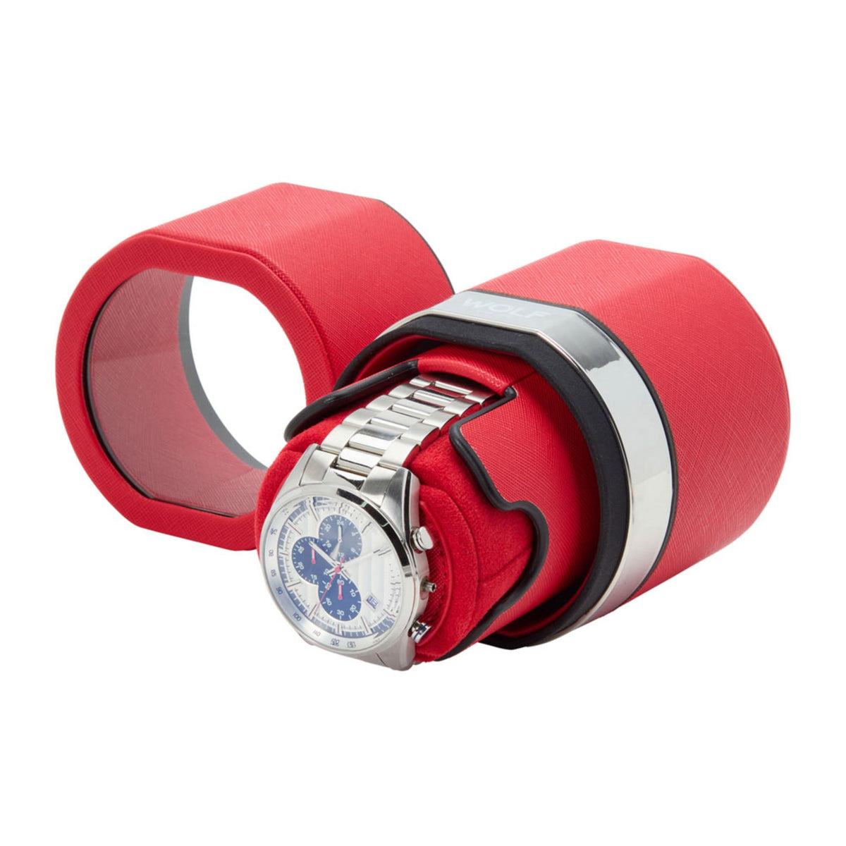 Wolf Rocket Red travel watch winder open cradle with red padding and a silver wristwatch