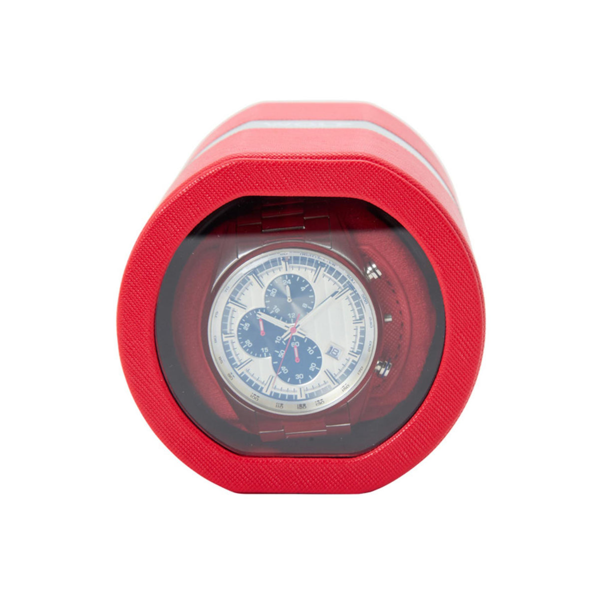 Wolf Rocket Red travel watch winder front view with black window showing a blue-faced watch