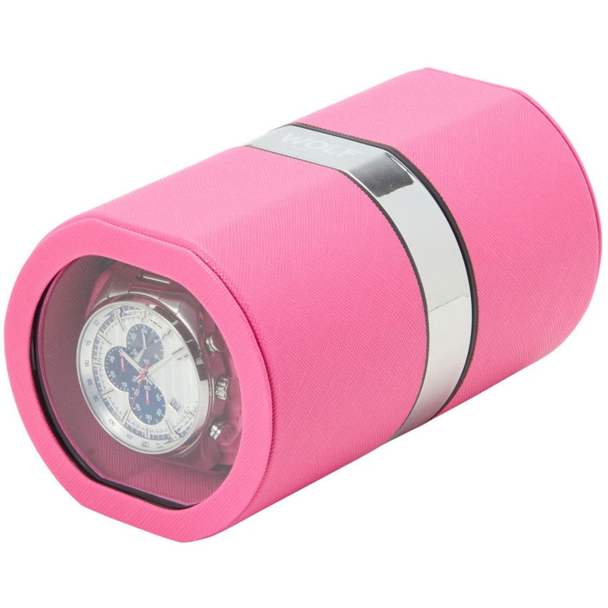 Pink travel watch winder with clear window and silver trim band, showing an open watch.