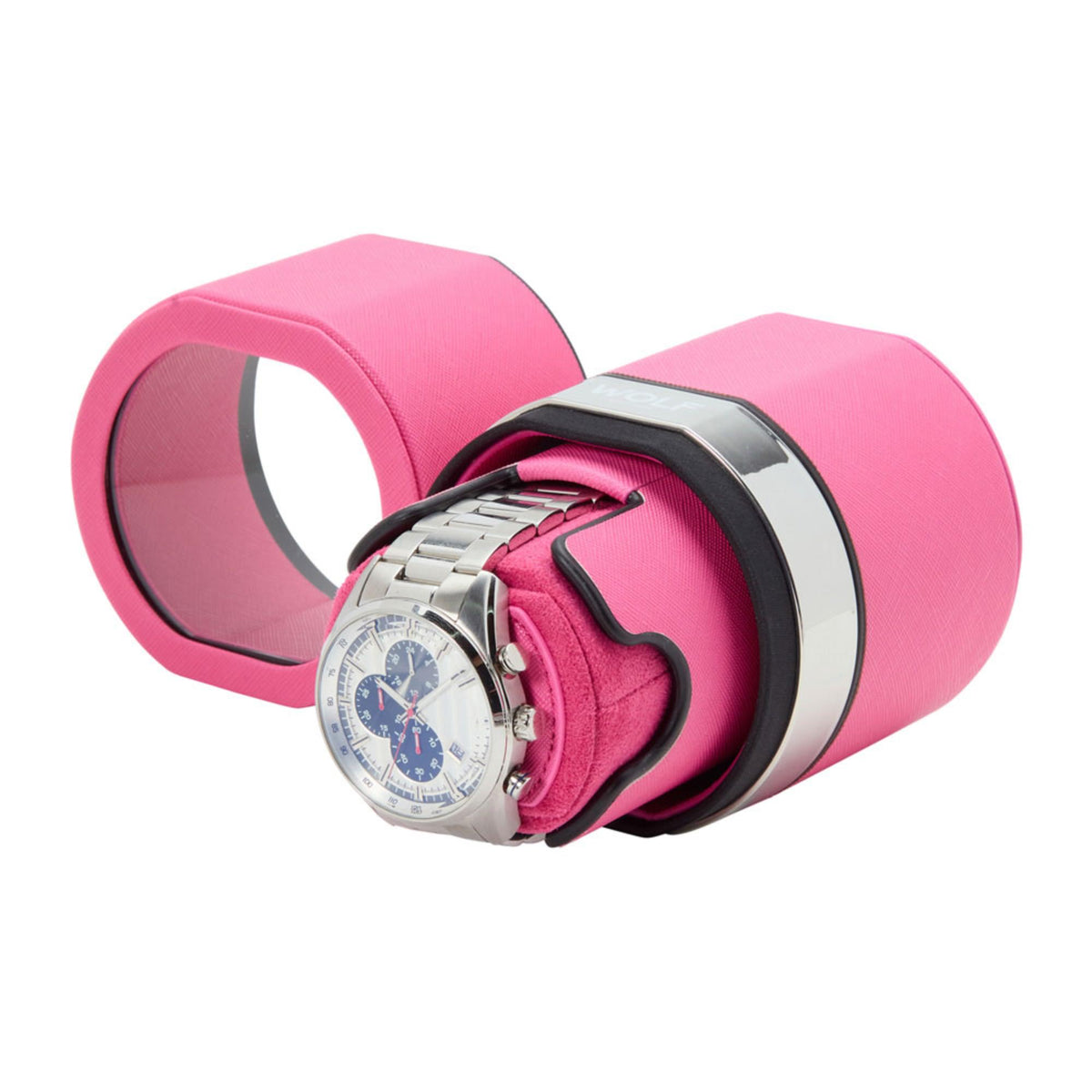 Pink travel watch winder showing open side with a silver wristwatch resting in the cradle.