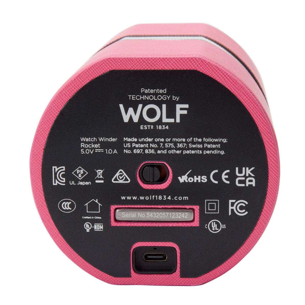Pink bottom panel of WOLF travel watch winder with control labels and USB port.